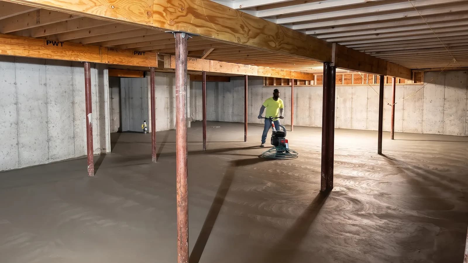 Concrete contractor power trowel finishing a freshly poured basement floor to a smooth surface