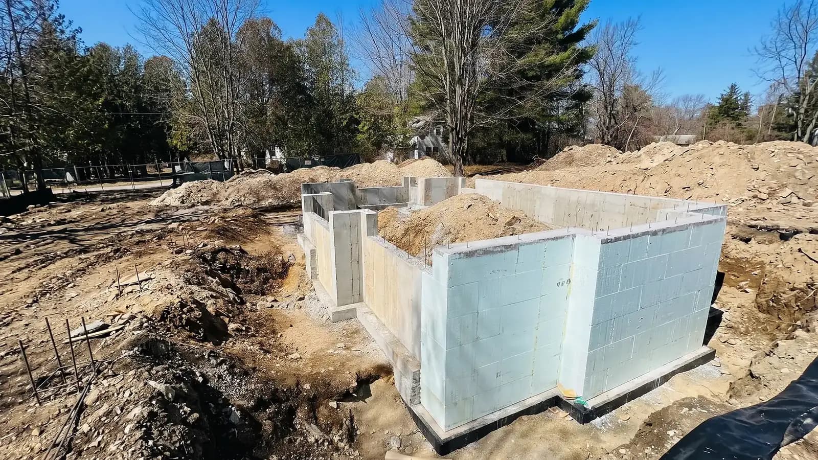 Concrete foundation under construction using Nudura ICF insulated concrete forms on a Massachusetts job site