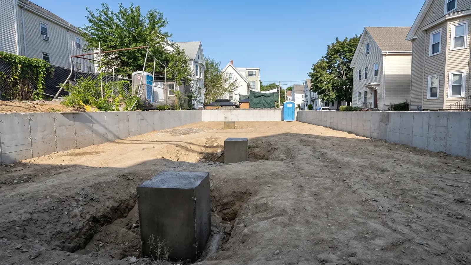 Concrete pier footings and foundation construction in progress at a Massachusetts home site