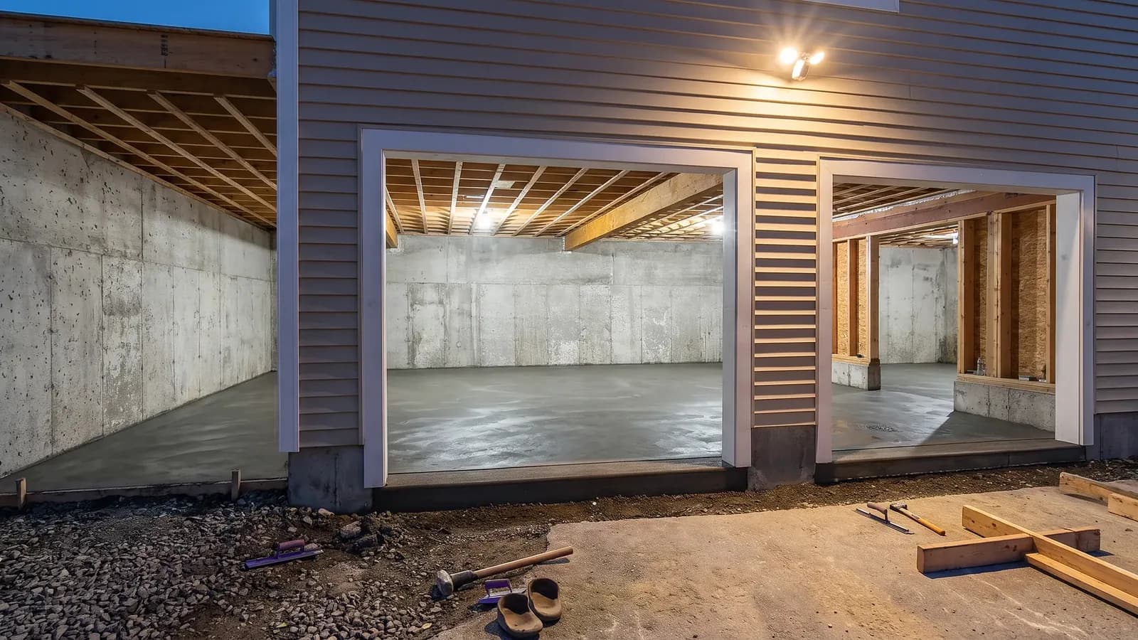 Freshly poured concrete garage floor slab ready for finishing