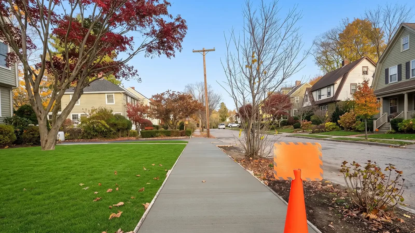 Freshly poured concrete sidewalk during an installation project