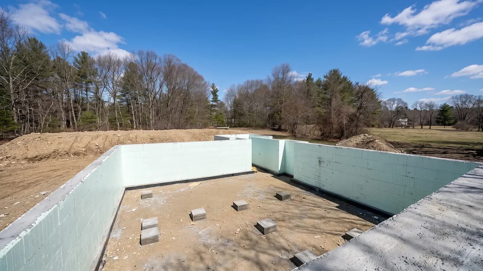 ICF insulated concrete form foundation wall under construction with foam blocks stacked before the pour