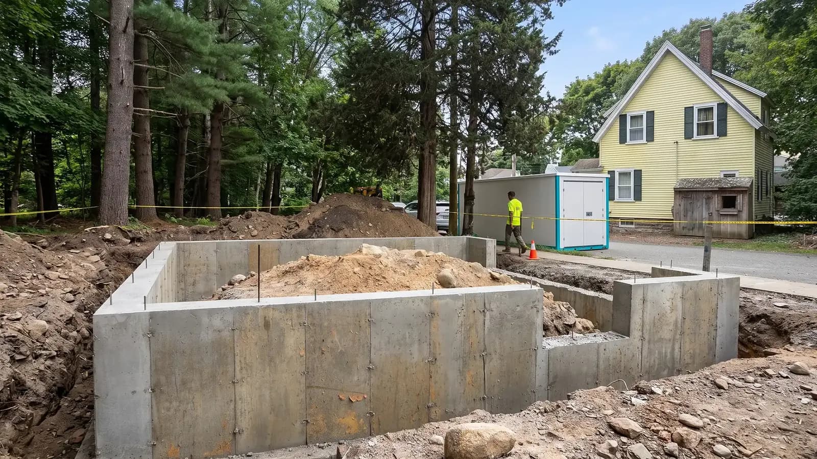 Newly poured concrete foundation at a Massachusetts home construction site